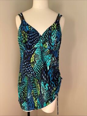 Christina Skirted One Piece Swimsuit with Abstract Teal & Blue Print 10D